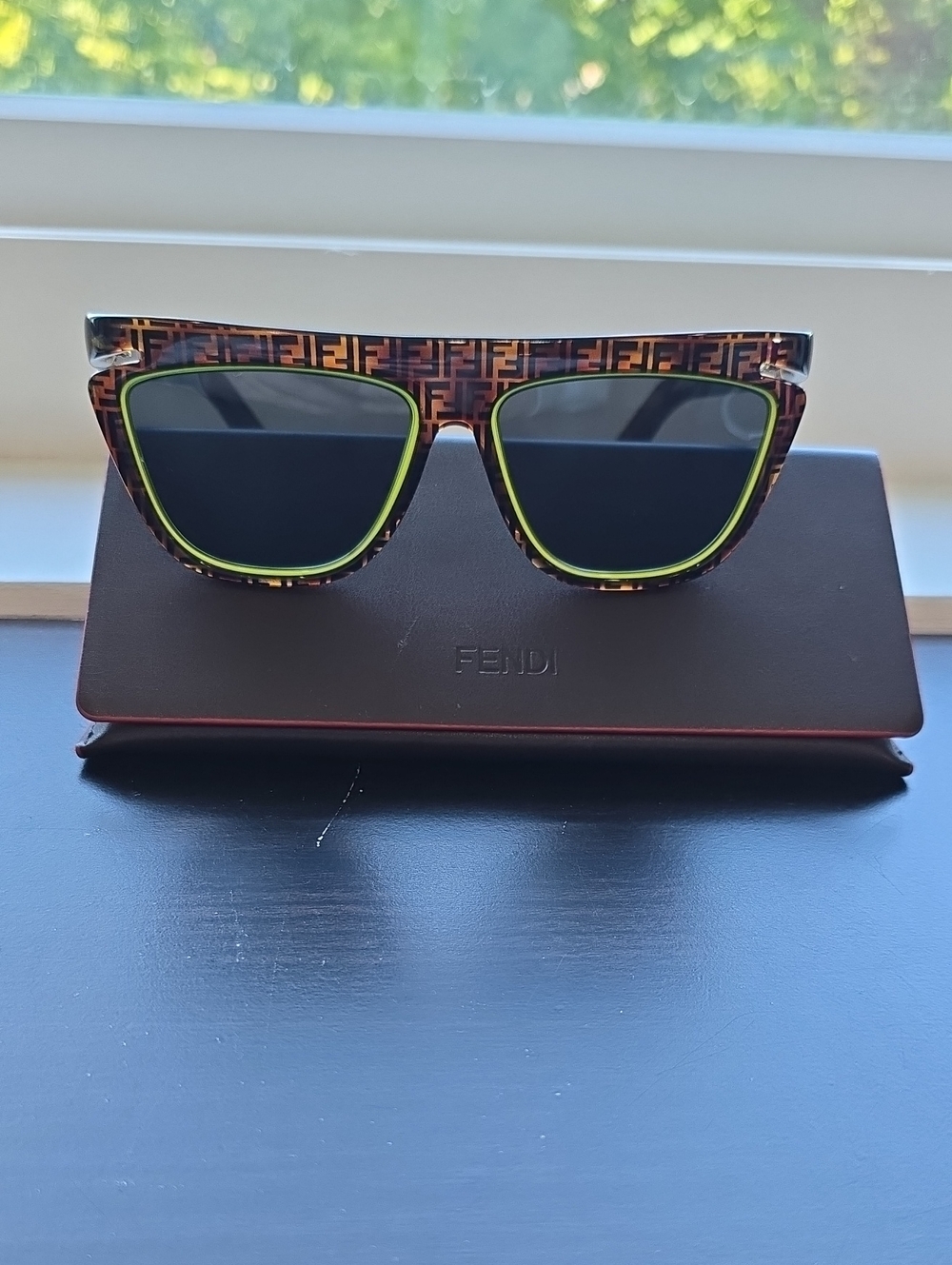 Fendi FF-Pattern Square Sunglasses with Neon Green Accents